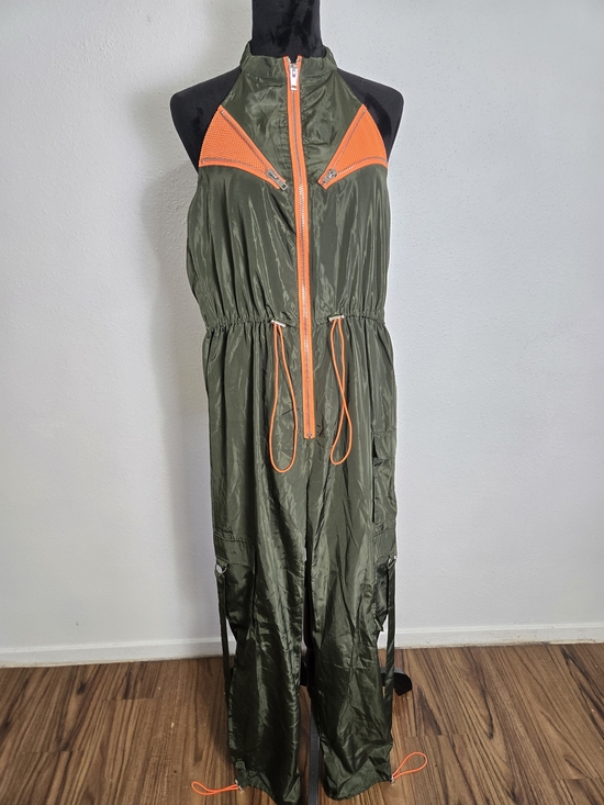 Fashion Nova Pants - Olive Green Halter Jumpsuit with Neon Orange Trim Parachute Medium
